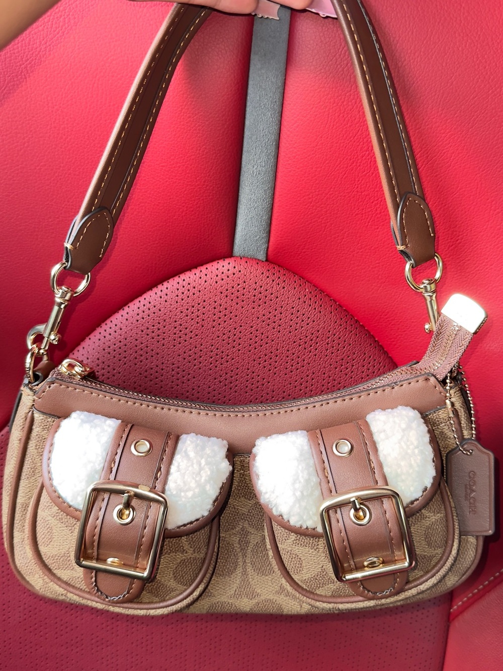 Coach Brown Ashton with Fur Pockets Signature Canvas Shoulder Bag